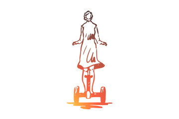 Segway, woman, dress, eco, transport, vehicle concept. Hand drawn isolated vector.