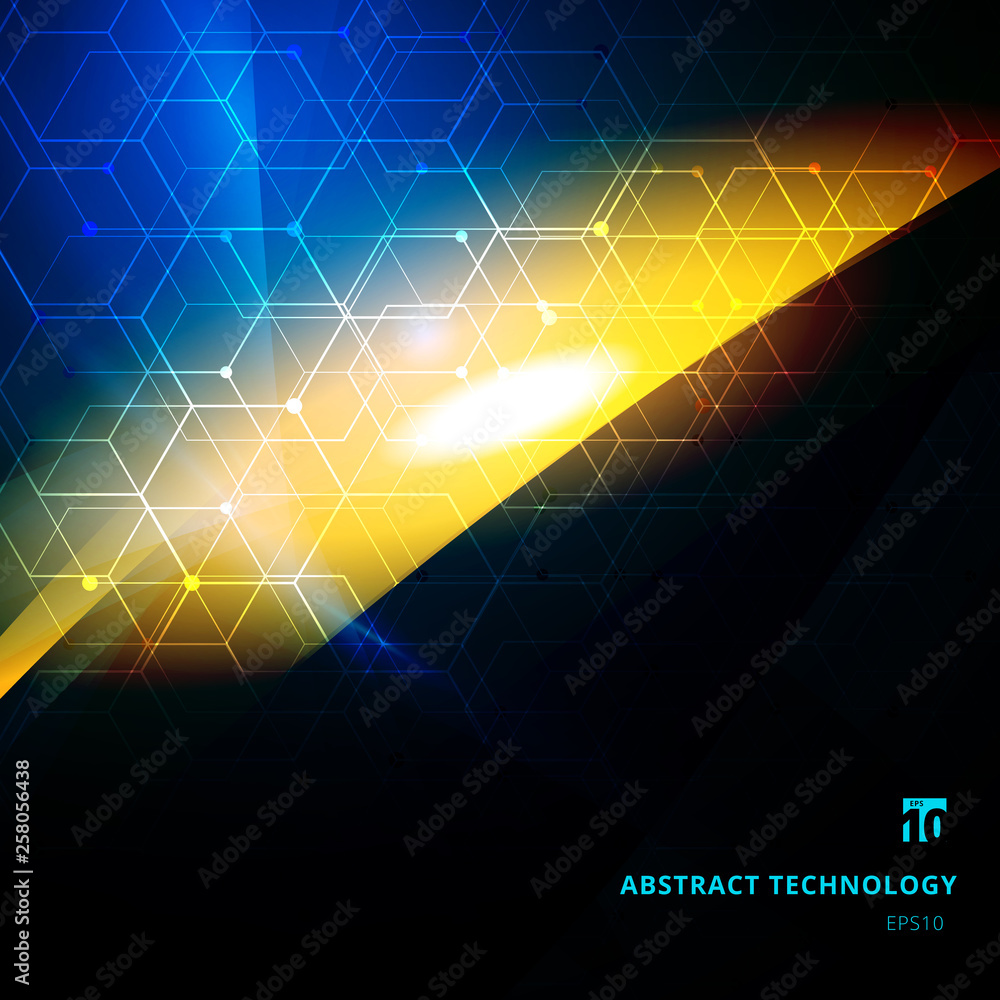 Poster abstract explosion of light with hexagonal patterns on dark background copy space. technology digita