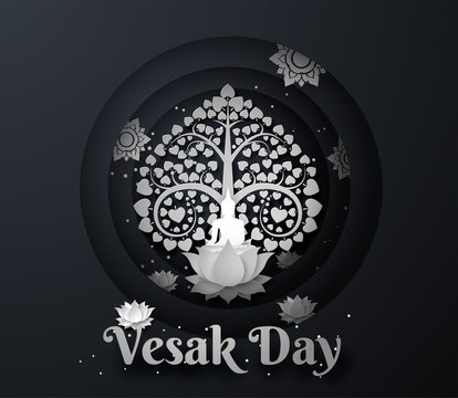 white buddha on lotus with bodhi tree Happy vesak day background