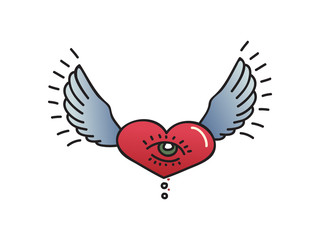 Tattoo heart with wings on white background.