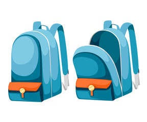 Colorful opened and closed school bags. Empty rucksack. Backpack with zippers. Cartoon design. Flat vector illustration isolated on white background