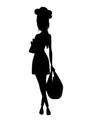 Black silhouette. Beautiful women chef with brown hair, women hold bag with bread. Bakery young female chef. Cartoon character design. Flat vector illustration isolated on white background