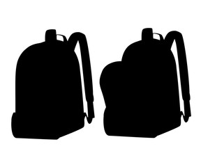 Black silhouette. Opened and closed school bags. Empty rucksack. Backpack with zippers. Cartoon design. Flat vector illustration isolated on white background