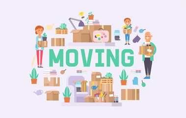 Moving vector family woman man kids character of delivery service delivering parcel box or package illustration backdrop deliveryman person removing furniture boxes at home background