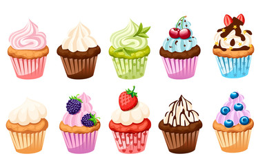 Collection of cupcakes with different ingredients. Set of sweet cakes. Colorful dessert. Flat vector illustration isolated on white background