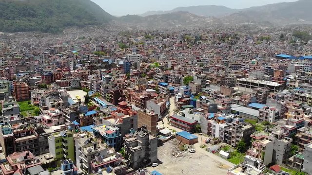 Nepal. Aerial view of Kathmandu. Circular panorama of the city center. Urban waterway
