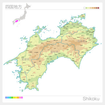 四国地方の地図・Shikoku（等高線・色分け）