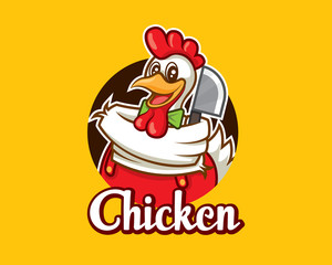 Cartoon cute chicken mascot character with cleaver vector illustration logo