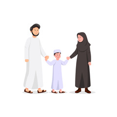 Fototapeta premium Happy Arabian Family. Father, Mother and Son Walking Together Illustration Cartoon