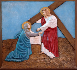 Obraz premium 6th Stations of the Cross, Veronica wipes the face of Jesus, church of Immaculate Conception of the Virgin Mary in Malesnica, Zagreb, Croatia