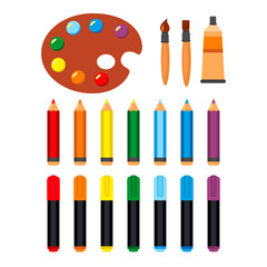 Set of varied items for drawing - colorful pencils, brushes, paints, markers and palette. Vector illustration set of office stationery isolated on white background