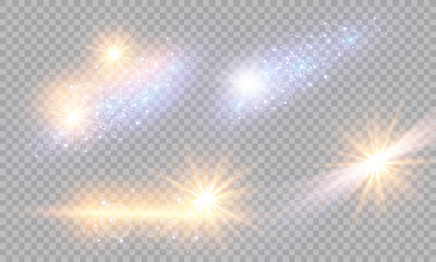 Vector illustration of abstract flare light rays. A set of stars, light and radiance, rays and brightness. Glow light effect. Vector illustration. Christmas flash Concept