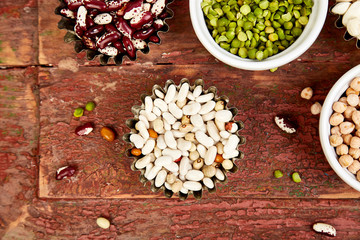 Bowls of various Collection set of beans and legumes.