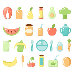 Fototapeta na wymiar Set of baby food icons. Flat style vector illustration. Suitable for web