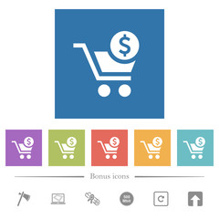 Checkout with Dollar cart flat white icons in square backgrounds