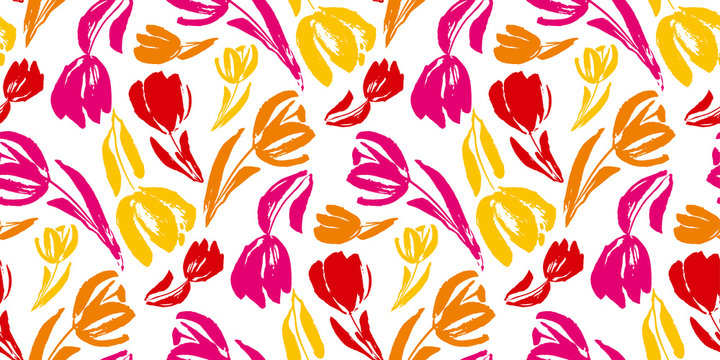 Colorful Tulip Flower Sketch Seamless Pattern.