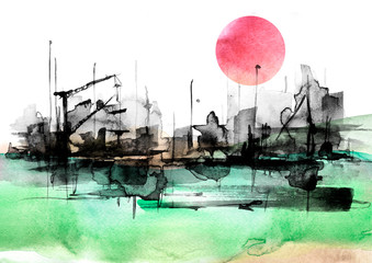 Watercolor art illustration. splash of paint, stain. black Silhouettes industrial city zone, urban landscape, sun, moon, sunset. Watercolor logo, drawing. Construction, crane, silhouette of the port.