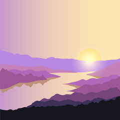 Fototapeta na wymiar Concept adventure landscape. Silhouette of river, mountains, hills and forest on the sun and sky background. Summer travel. Spring trip. Nature and sunset. Wanderlust and camping.