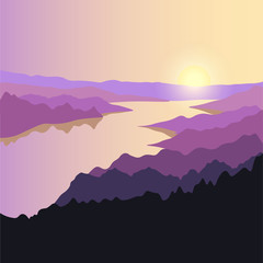 Silhouette of river, mountains, hills and forest on the sun and sky background. Concept adventure landscape. Summer travel. Spring trip. Nature and sunrise. Wanderlust and camping.