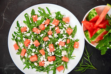 Fresh summer watermelon salad with feta cheese and arugula