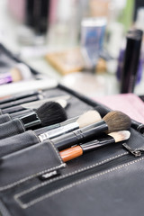 makeup brushes and shadows on white background