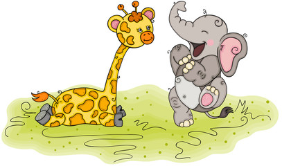 Illustration with happy elephant and friendly giraffe