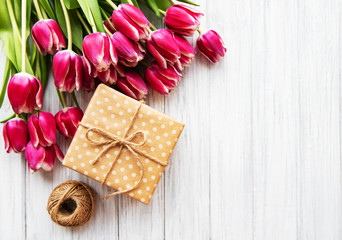 Gift box and tulips bouquet