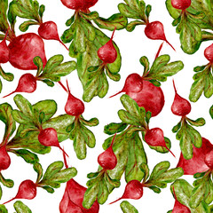 Watercolor Vegan Pattern. Seamless Hand Drawn  Vegetables. Healthy Food Print. Gardening Background. Greenery Repeatable Design for Menu, Restaurant, Salat Bar, Farmers Market. Beetroot. Vegetarian.