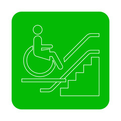Icono plano lineal elevador mujer en silla de ruedas en cuadrado color verde