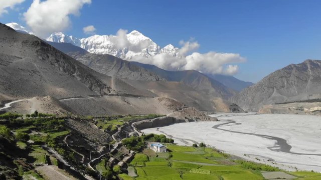 Aerial view of mountain valley in the Himalayas. Agricultural fields along the river. This is a track around Annapurna. Upper Mustang. Nepal.