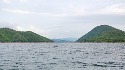 View of the lake with mountain at kanchanaburi, Thailand.