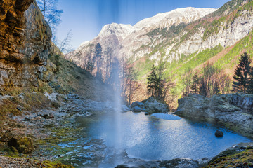 Landscape at Goriuda waterfall and pool. Beautiful nature area close to Tarvisio, Udine province, Friuli Venezia Giulia, Italy