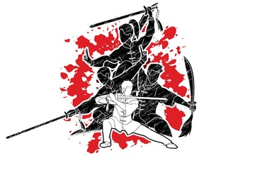 Kung Fu, Wushu with swords, Group of people pose kung fu fighting action graphic vector.
