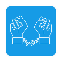 Icono plano manos con cadena rota en cuadrado color azul