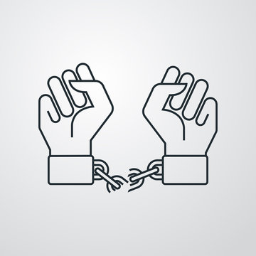 Icono plano manos con cadena rota en fondo gris