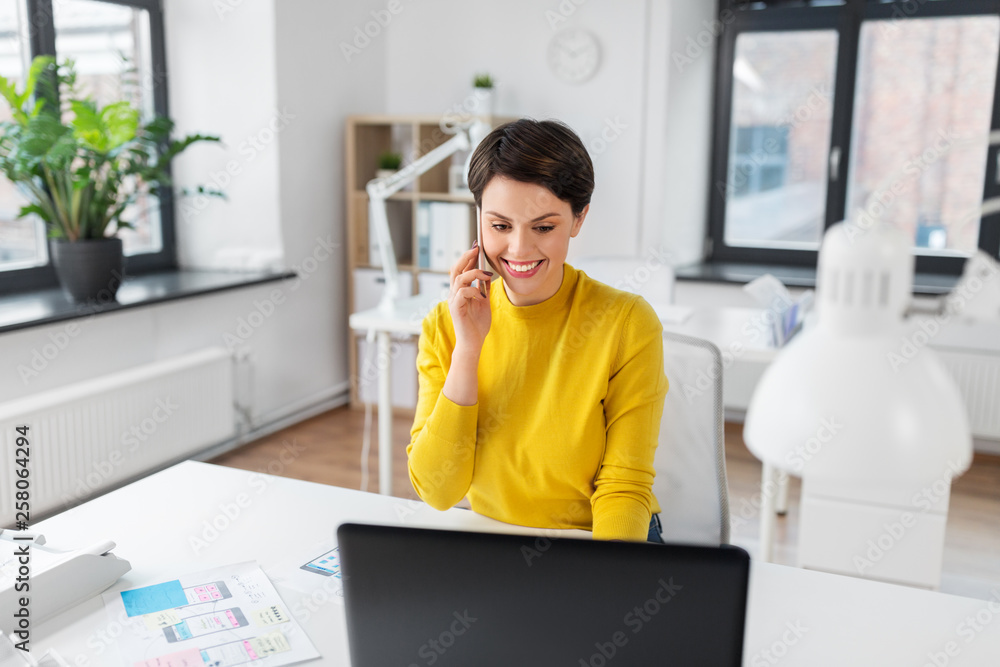 Poster business, technology and ui design concept - smiling creative woman with laptop computer and user in
