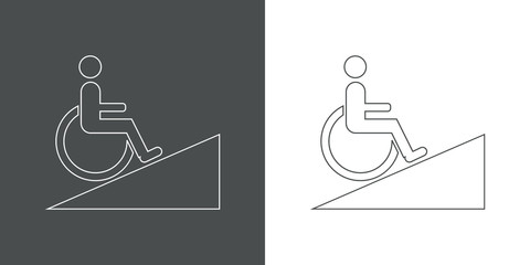 Icono plano lineal rampa con hombre en silla de ruedas en gris y blanco