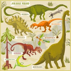 Dinosaurs of Jurassic period vector format land illustration fantasy map builder set