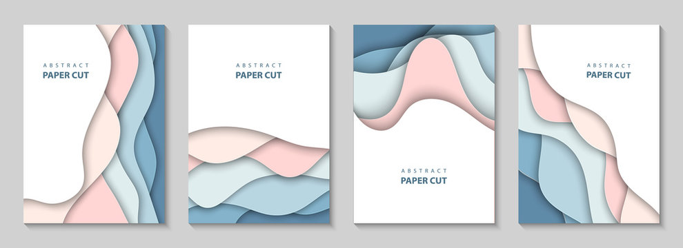 Vector vertical flyers with colorful paper cut waves shapes. 3D abstract paper style, design layout for business presentations, flyers, posters, prints, decoration, cards, brochure cover, banners.