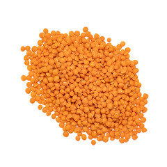 Pile red lentil isolated on white background. Top view