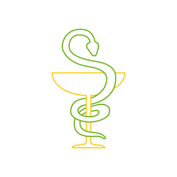Icono plano lineal serpiente y copa en verde y amarillo