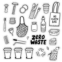 Set of eco-style doodle elements. Zero waste lifestyle. Go green. Hand-drawn vector illustration. Good for banner, postcard, background or flyer