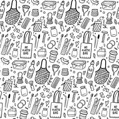 Big seamless pattern with zero waste elements on white background. Linear doodles. Vector illustration.