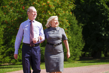 Senior couple walking in summer in park