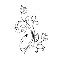 three flower buds on stems with leaves and curls black lines on white background. Stylized bouquet