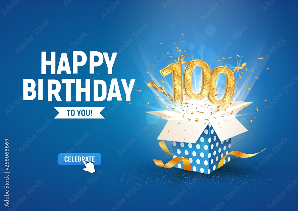 Wall mural 100 th years anniversary banner with open burst gift box. Template hundredth birthday celebration and abstract text on blue background vector illustration