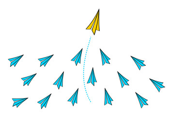 Leadership concept with Yellow paper plane leading among Blue paper planes on White background