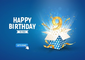 9 th years anniversary banner with open burst gift box. Template ninth birthday celebration and abstract text on blue background vector illustration
