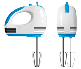 Manual electric kitchen mixer, front and side view. Isolated vector illustration on white background.