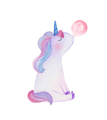Hand drawn watercolor unicorn blowing bubble gum